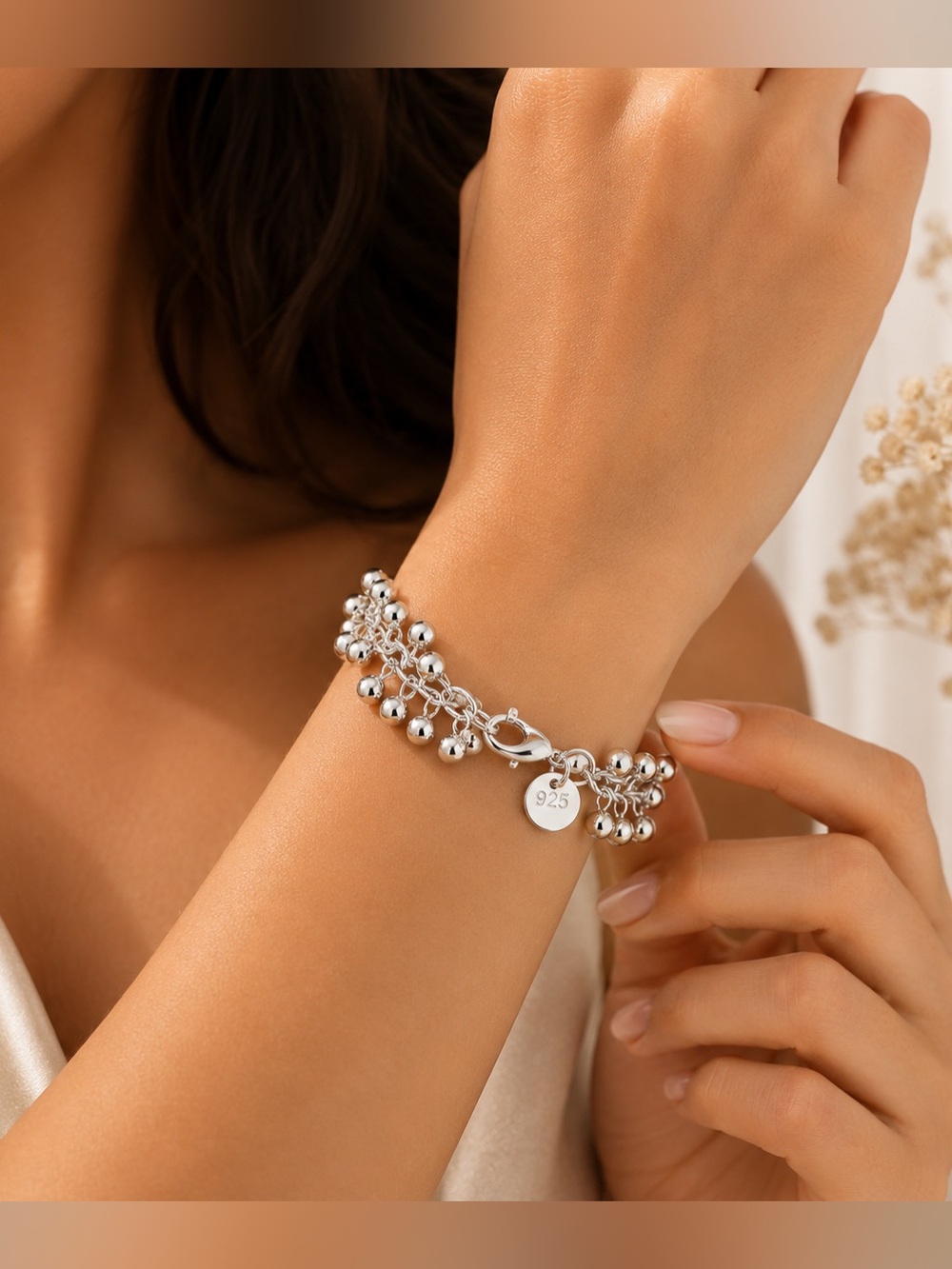 Sterling Silver 925 Beaded Chain Bracelet - Silver - Picture 2 of 2